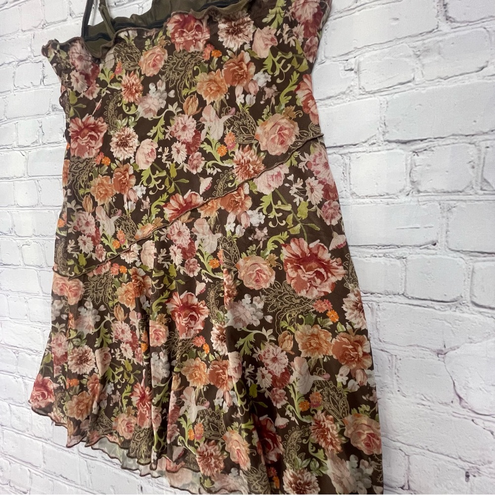 Vintage-Style Floral Mesh Mini Cami Dress - Lettuce Trim & Tiered Hem L - Picture 8 of 8